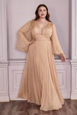 Plus Size Pleated Bell Sleeve Gown By Cinderella Divine CD242C -Dresses Shop plus size pleated bell sleeve gown by cinderella divine cd242c long formal dresses cinderella divine 18 champagne 562747