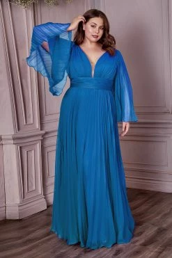 Plus Size Pleated Bell Sleeve Gown By Cinderella Divine CD242C -Dresses Shop plus size pleated bell sleeve gown by cinderella divine cd242c long formal dresses cinderella divine 18 teal 694346