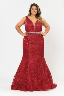 Plus Size Sheer V-Neck Glitter Mermaid Dress By Poly USA W1092