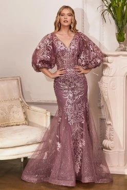 Puff Sleeve Glitter Gown By Cinderella Divine OC009 -Dresses Shop puff sleeve glitter gown by cinderella divine oc009 long formal dresses cinderella divine 175331