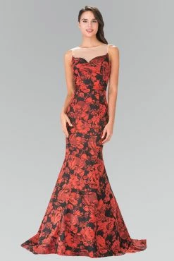 Red/Black Floral Print Dress With Sheer Neckline By Elizabeth K GL2246