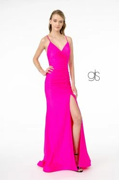 Ruched Long V-Neck Dress With Corset Back By Elizabeth K GL1816