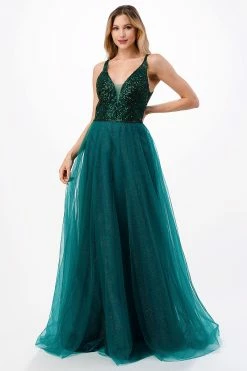 Sequin Bodice Deep V-Neck Tulle Gown By Coya L2684