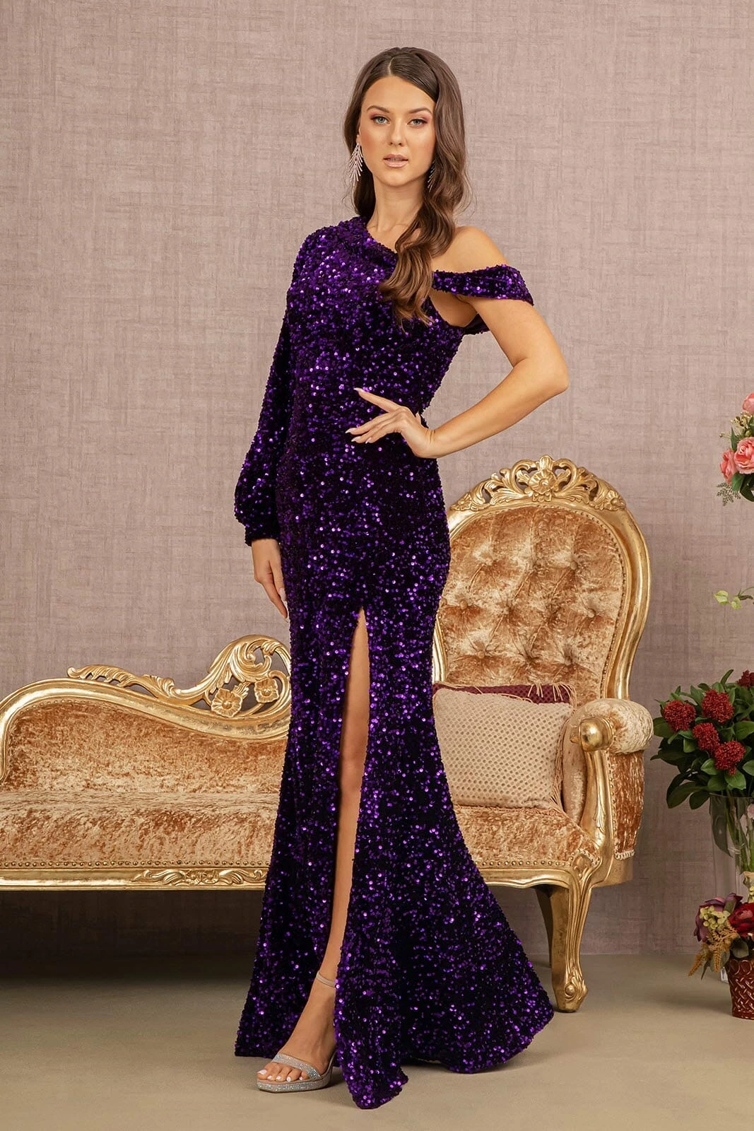 Sequin Fitted Long Sleeve Slit Gown By Elizabeth K GL3159 - Outlet 5 Sequin Fitted Long Sleeve Slit Gown By Elizabeth K GL3159 - Outlet - Image 3