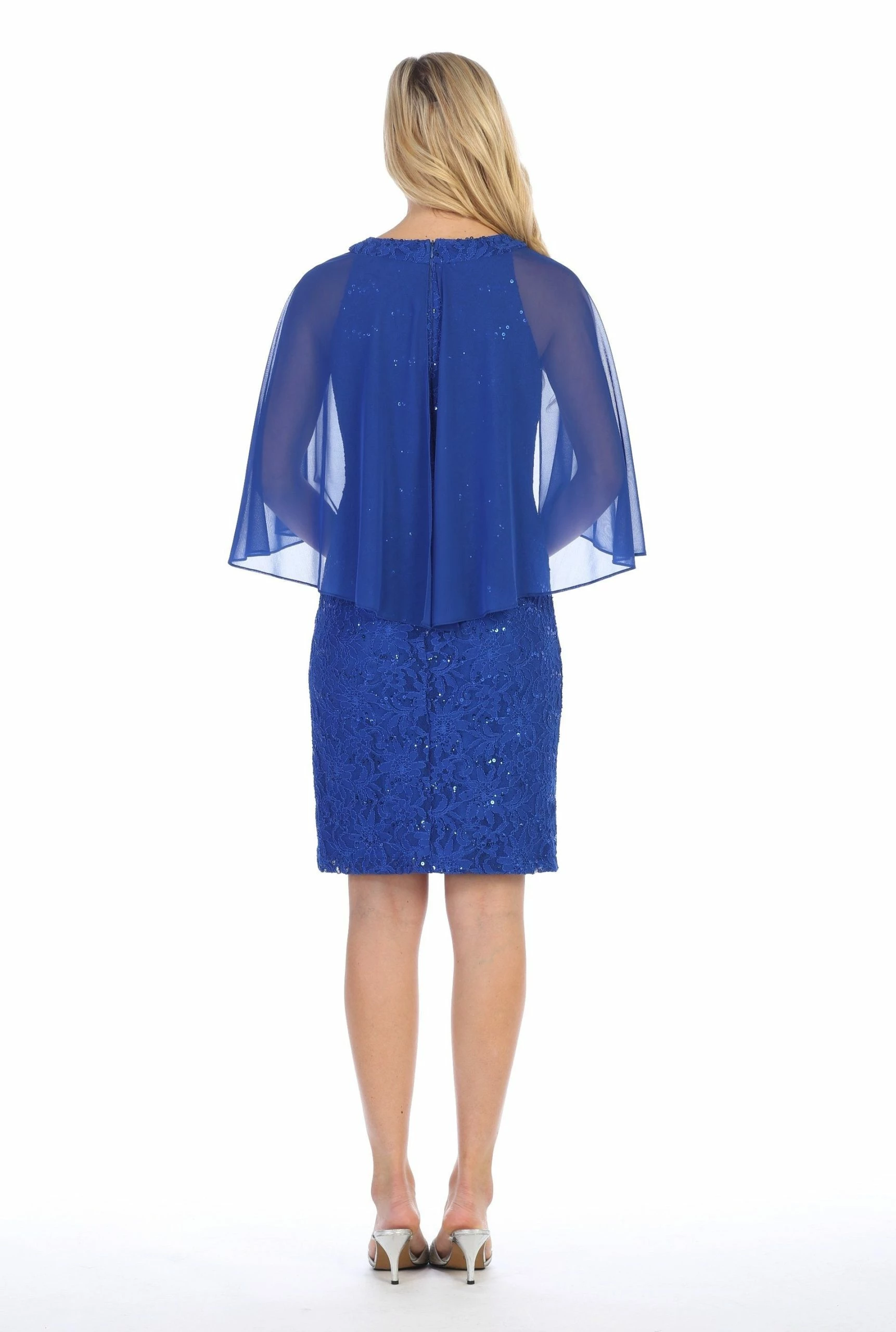 Sequin Lace Short Cape Dress With Flutter Sleeves By Celavie 6352-S 4 Sequin Lace Short Cape Dress With Flutter Sleeves By Celavie 6352-S - Image 2