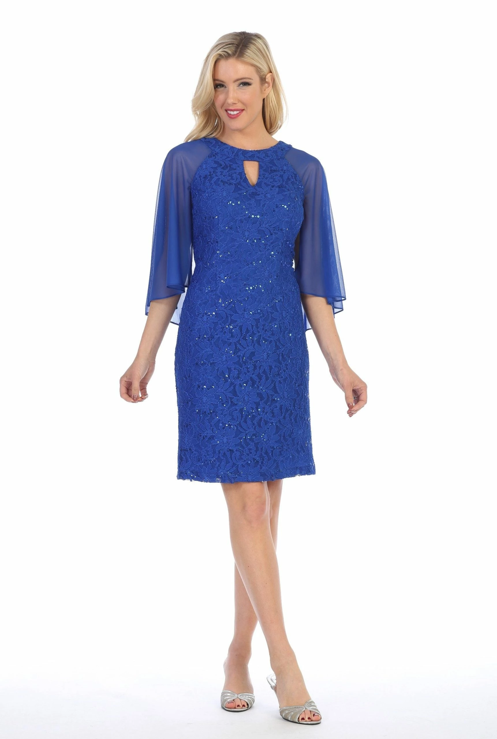 Sequin Lace Short Cape Dress With Flutter Sleeves By Celavie 6352-S 5 Sequin Lace Short Cape Dress With Flutter Sleeves By Celavie 6352-S - Image 3