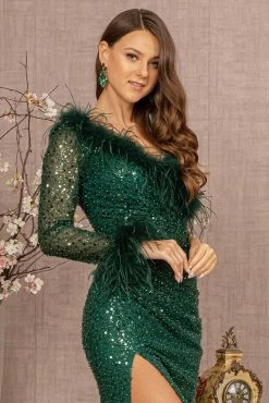 Sequin Long Sleeve Feather Gown By GLS Gloria GL3160 -Dresses Shop sequin long sleeve feather gown by gls gloria gl3160 long formal dresses elizabeth k 685676