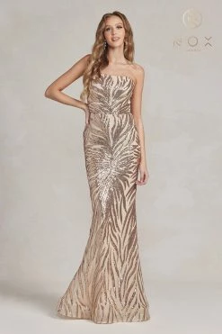Sequin Print One Shoulder Gown By Nox Anabel R1204 -Dresses Shop sequin print one shoulder gown by nox anabel r1204 long formal dresses nox anabel 00 gold 342414