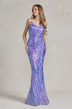 Sequin Print One Shoulder Gown By Nox Anabel R1204 -Dresses Shop sequin print one shoulder gown by nox anabel r1204 long formal dresses nox anabel 00 lilac 601320