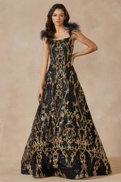 Sequin Print Sleeveless Feather Gown By Juliet 297