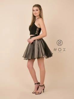 Short Black Two-Piece Dress With Polka Dot Skirt By Nox Anabel M659 -Dresses Shop short black two piece dress with polka dot skirt by nox anabel m659 short cocktail dresses nox anabel 484225