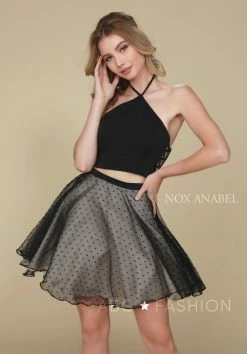 Short Black Two-Piece Dress With Polka Dot Skirt By Nox Anabel M659 -Dresses Shop short black two piece dress with polka dot skirt by nox anabel m659 short cocktail dresses nox anabel 653799