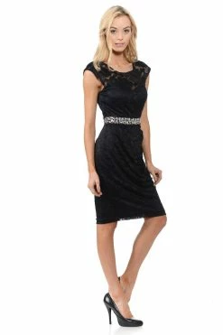 Short Cap Sleeve Lace Dress With Beaded Waist By Lenovia 5140 -Dresses Shop short cap sleeve lace dress with beaded waist by lenovia 5140 short cocktail dresses lenovia 492413