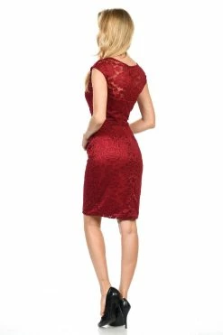 Short Cap Sleeve Lace Dress With Beaded Waist By Lenovia 5140 -Dresses Shop short cap sleeve lace dress with beaded waist by lenovia 5140 short cocktail dresses lenovia 610340