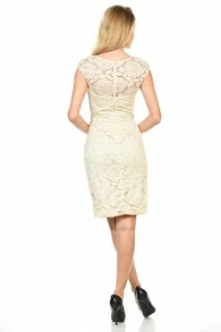 Short Cap Sleeve Lace Dress With Beaded Waist By Lenovia 5140 -Dresses Shop short cap sleeve lace dress with beaded waist by lenovia 5140 short cocktail dresses lenovia 715841