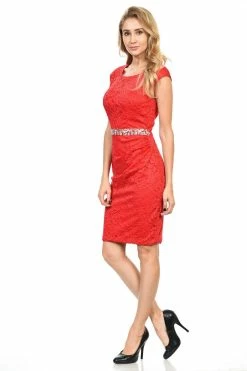 Short Cap Sleeve Lace Dress With Beaded Waist By Lenovia 5140 -Dresses Shop short cap sleeve lace dress with beaded waist by lenovia 5140 short cocktail dresses lenovia 826130