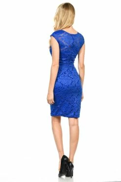 Short Cap Sleeve Lace Dress With Beaded Waist By Lenovia 5140 -Dresses Shop short cap sleeve lace dress with beaded waist by lenovia 5140 short cocktail dresses lenovia 836892