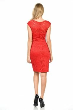 Short Cap Sleeve Lace Dress With Beaded Waist By Lenovia 5140 -Dresses Shop short cap sleeve lace dress with beaded waist by lenovia 5140 short cocktail dresses lenovia 842901