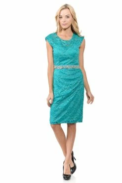 Short Cap Sleeve Lace Dress With Beaded Waist By Lenovia 5140