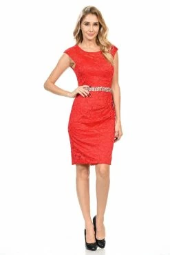 Short Cap Sleeve Lace Dress With Beaded Waist By Lenovia 5140 -Dresses Shop short cap sleeve lace dress with beaded waist by lenovia 5140 short cocktail dresses lenovia s red 350025