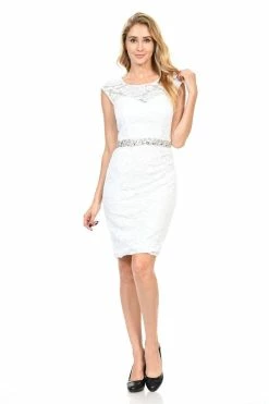 Short Cap Sleeve Lace Dress With Beaded Waist By Lenovia 5140 -Dresses Shop short cap sleeve lace dress with beaded waist by lenovia 5140 short cocktail dresses lenovia s white 630716