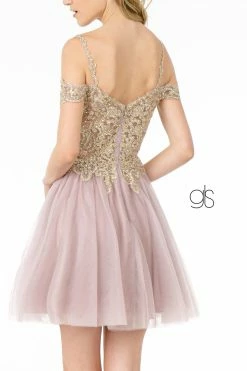 Short Cold Shoulder Dress With Gold Appliques By Elizabeth K GS2808 -Dresses Shop short cold shoulder dress with gold appliques by elizabeth k gs2808 short cocktail dresses elizabeth k 667675