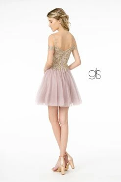 Short Cold Shoulder Dress With Gold Appliques By Elizabeth K GS2808 -Dresses Shop short cold shoulder dress with gold appliques by elizabeth k gs2808 short cocktail dresses elizabeth k xs burgundy 715379