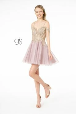 Short Cold Shoulder Dress With Gold Appliques By Elizabeth K GS2808 -Dresses Shop short cold shoulder dress with gold appliques by elizabeth k gs2808 short cocktail dresses elizabeth k xs mauve 152699