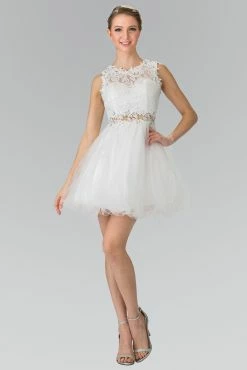 Short Dress With Lace Bodice And Sheer Waistline By Elizabeth K GS1427 -Dresses Shop short dress with lace bodice and sheer waistline by elizabeth k gs1427 short cocktail dresses elizabeth k xs white 657081