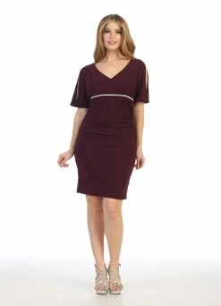 Short Fitted V-Neck Dress With Slit Sleeves By Celavie 6500 -Dresses Shop short fitted v neck dress with slit sleeves by celavie 6500 short cocktail dresses celavie 639040