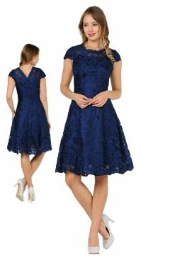 Short Knee Length Lace Dress With Short Sleeves By Poly USA 8090 -Dresses Shop short knee length lace dress with short sleeves by poly usa 8090 short cocktail dresses poly usa s navy 359075