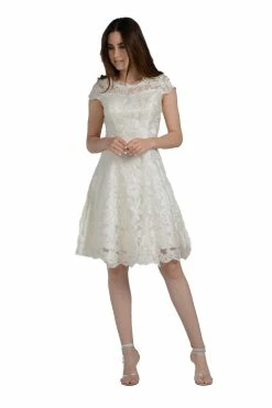 Short Knee Length Lace Dress With Short Sleeves By Poly USA 8090 -Dresses Shop short knee length lace dress with short sleeves by poly usa 8090 short cocktail dresses poly usa s off white 937258