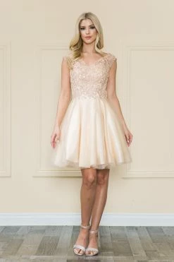 Short Lace Applique A-line Dress By Poly USA 8902 -Dresses Shop short lace applique a line dress by poly usa 8902 short cocktail dresses poly usa xs champagne 293952
