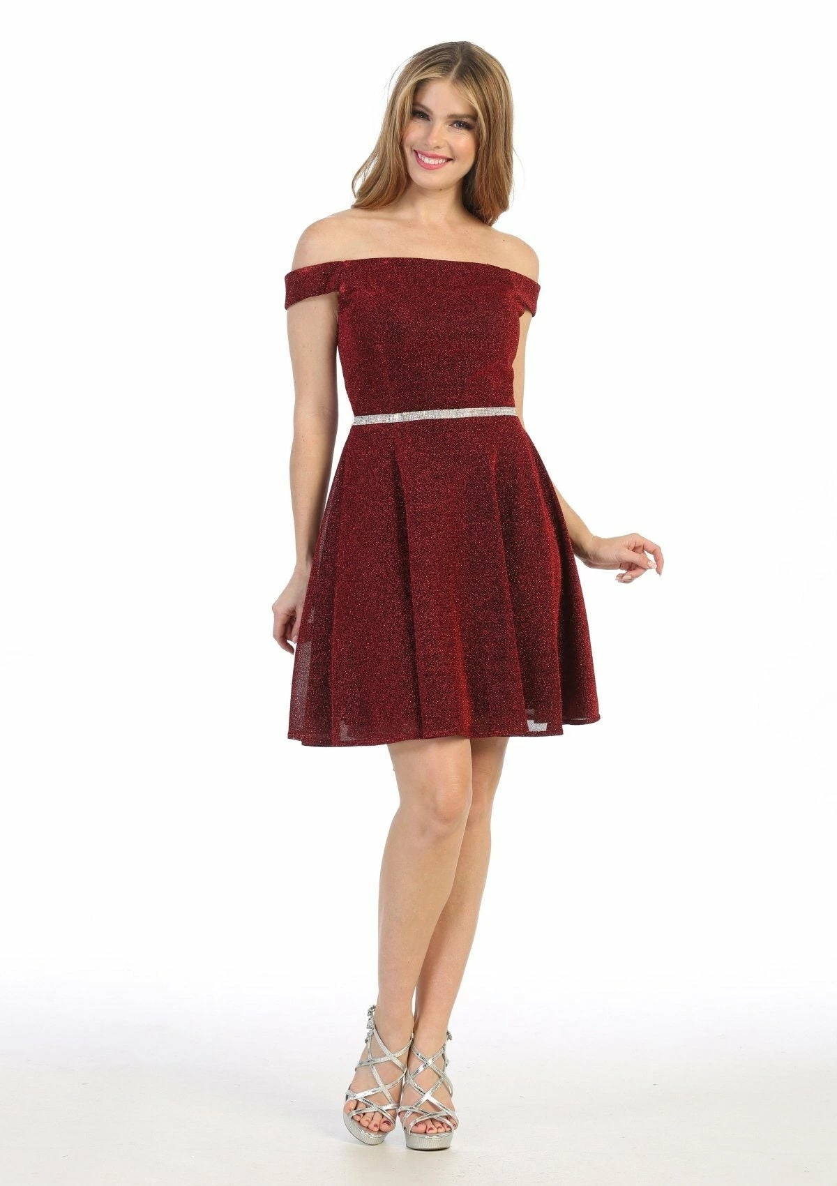 Short Off The Shoulder Metallic Glitter Dress By Celavie 6402S 3 Short Off The Shoulder Metallic Glitter Dress By Celavie 6402S