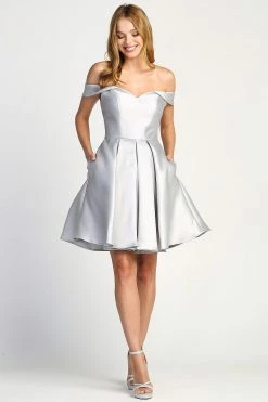 Short Satin Off Shoulder Dress By Adora 1007 -Dresses Shop short satin off shoulder dress by adora 1007 short cocktail dresses adora design xs silver 403110