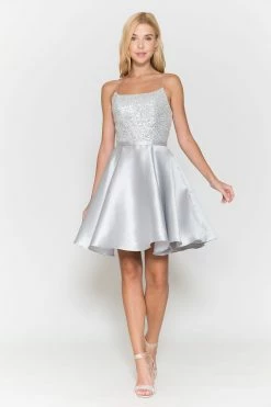 Short Sequin Bodice A-line Dress By Poly USA 8730 -Dresses Shop short sequin bodice a line dress by poly usa 8730 short cocktail dresses poly usa xs silver 299644