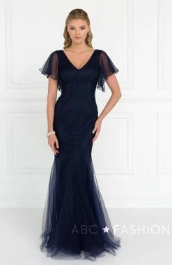 Short-Sleeved Navy Mermaid Gown By Elizabeth K GL1576