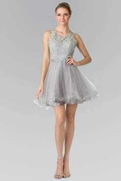 Short Sleeveless Lace Bodice Dress By Elizabeth K GS2375 -Dresses Shop short sleeveless dress with lace illusion top by elizabeth k gs2375 short cocktail dresses elizabeth k xs silver 492967