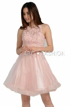 Short Tulle Dress With Lace Applique Bodice By Poly USA 8074 -Dresses Shop short tulle dress with lace applique bodice by poly usa 8074 short cocktail dresses poly usa xs blush 579693