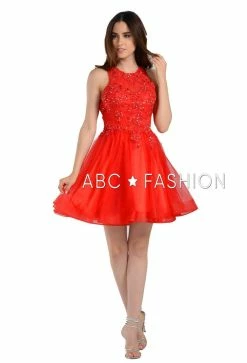 Short Tulle Dress With Lace Applique Bodice By Poly USA 8074 -Dresses Shop short tulle dress with lace applique bodice by poly usa 8074 short cocktail dresses poly usa xs red 119481