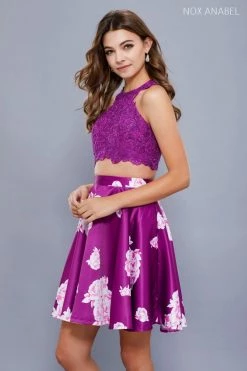 Short Two Piece Purple Floral Print Dress By Nox Anabel 6219