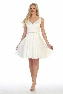 Short V-Neck Dress With Box Pleated Skirt By Celavie 5018 -Dresses Shop short v neck dress with box pleated skirt by celavie 5018 short cocktail dresses celavie s ivory 468154