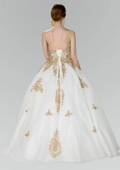 Lace Applique Strapless Ballgown By Elizabeth K GL2379 -Dresses Shop strapless ballgown with gold lace applique by elizabeth k gl2379 quinceanera dresses elizabeth k 631634