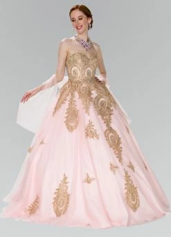 Lace Applique Strapless Ballgown By Elizabeth K GL2379 -Dresses Shop strapless ballgown with gold lace applique by elizabeth k gl2379 quinceanera dresses elizabeth k xs blush pink 316378