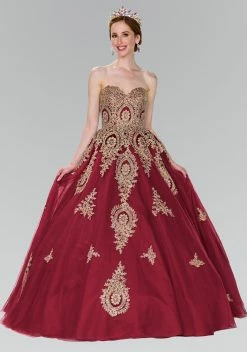 Lace Applique Strapless Ballgown By Elizabeth K GL2379 -Dresses Shop strapless ballgown with gold lace applique by elizabeth k gl2379 quinceanera dresses elizabeth k xs burgundy 656021