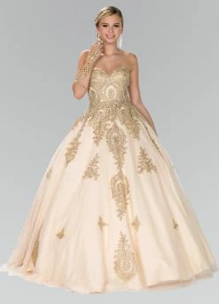 Lace Applique Strapless Ballgown By Elizabeth K GL2379 -Dresses Shop strapless ballgown with gold lace applique by elizabeth k gl2379 quinceanera dresses elizabeth k xs champagne 990849
