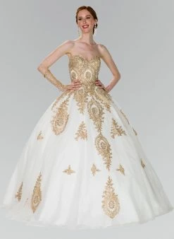 Lace Applique Strapless Ballgown By Elizabeth K GL2379 -Dresses Shop strapless ballgown with gold lace applique by elizabeth k gl2379 quinceanera dresses elizabeth k xs off white 462650