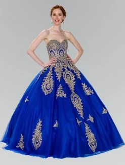 Lace Applique Strapless Ballgown By Elizabeth K GL2379 -Dresses Shop strapless ballgown with gold lace applique by elizabeth k gl2379 quinceanera dresses elizabeth k xs royal blue 738951