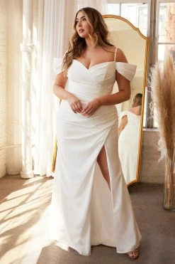 White Fitted Off Shoulder Gown By Cinderella Divine KV1057W -Dresses Shop white fitted off shoulder gown by cinderella divine kv1057w long formal dresses cinderella divine 18 off white 592881