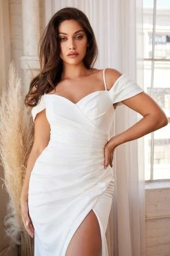 White Fitted Off Shoulder Gown By Cinderella Divine KV1057W -Dresses Shop white fitted off shoulder gown by cinderella divine kv1057w long formal dresses cinderella divine 439234